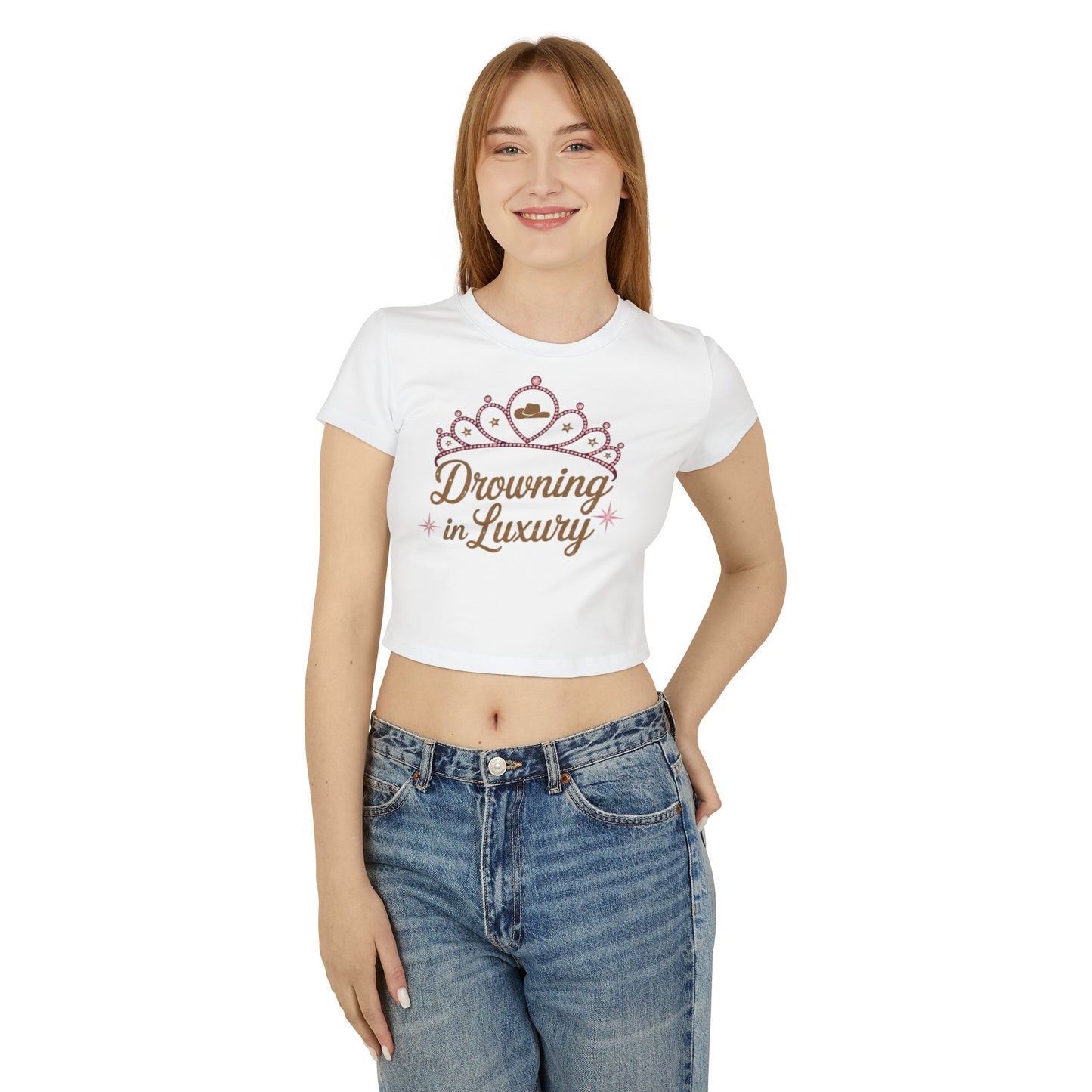 Walker Jackson "Poor Little Rich Cowboy" Women's Baby Tee - "Drowning in Luxury" Crown Design Country Music Shirt | Cute Graphic Tee, Casual Party Top, Festival Wear, Night Out Shirt, Fun Summer Fashion